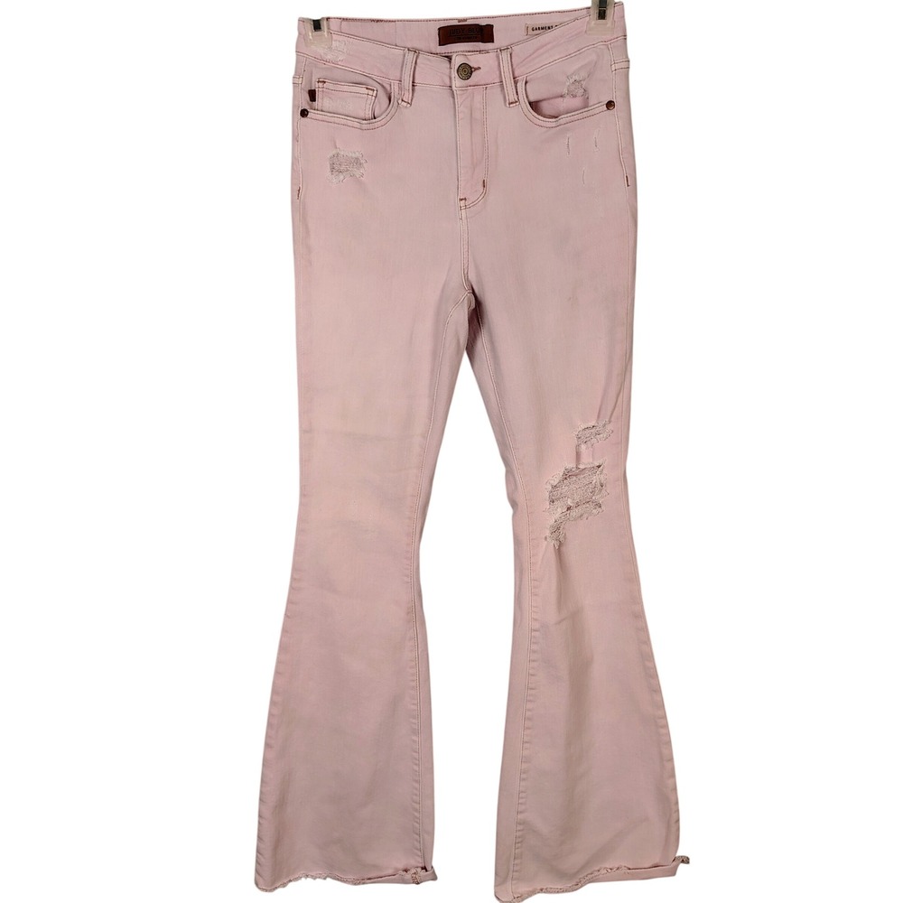 Judy Blue Pink Garment Dyed Distressed Flare Jeans‎  Size 7/28 High Rise mom